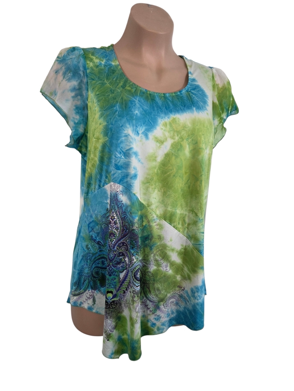 One World Green Blue White Flutter Sleeve Handkerchief Hemline Lined Blouse 1X - Picture 2 of 12